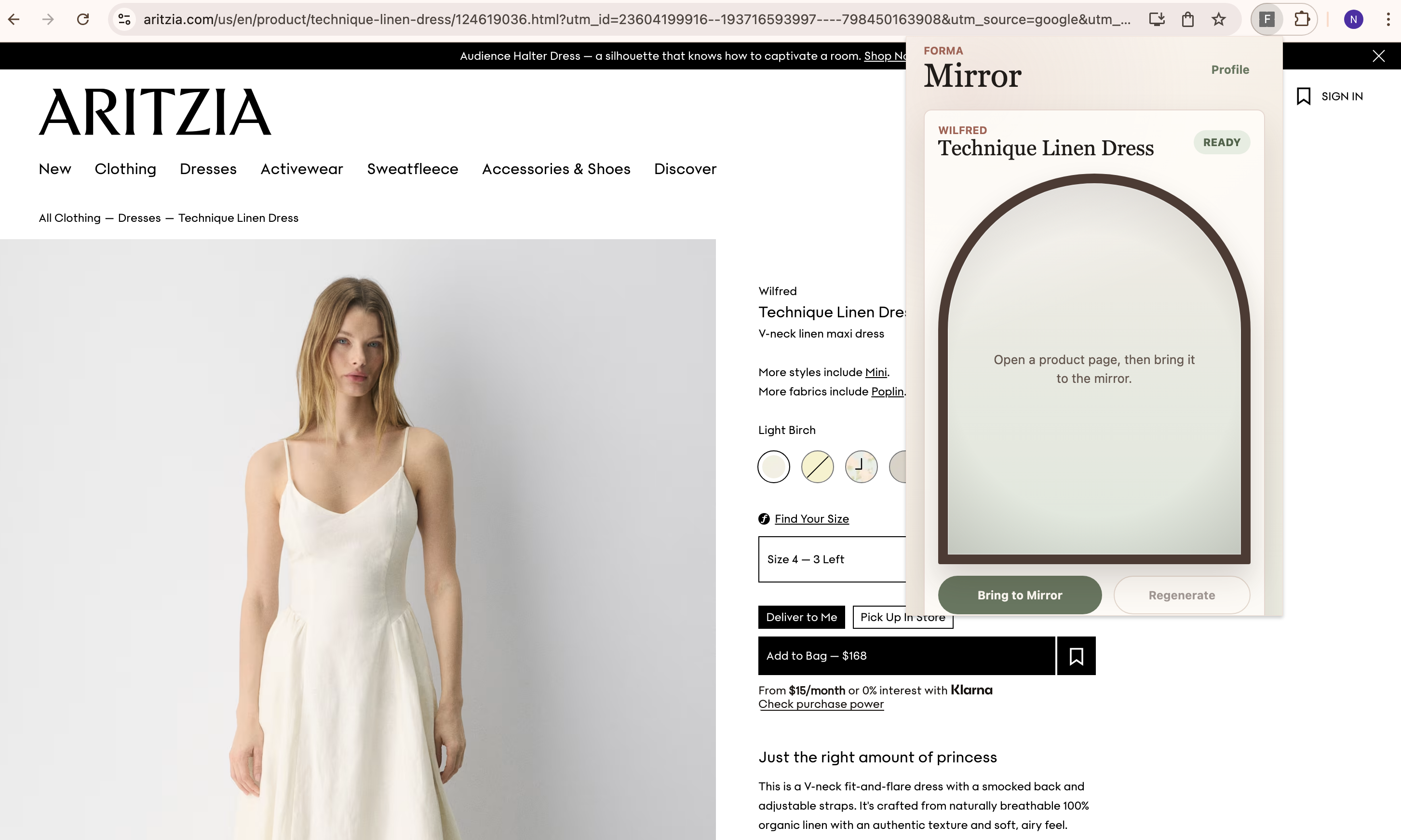 Forma Chrome extension open on a shopping product page